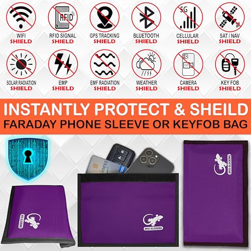 Gecko Travel Tech Faraday Bag Anti-Tracking GPS RFID Car Key Signal Blocker Wallet Shielding Pouch Protective Case for Cell Phone Car Key FOB, Data Privacy, Electronic Device Security (PURPLE) - color: PURPLE