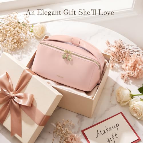 SHOWKOO Cosmetic Bag for Women, WideOpen Travel Makeup Bag with Compartment - color: Pink