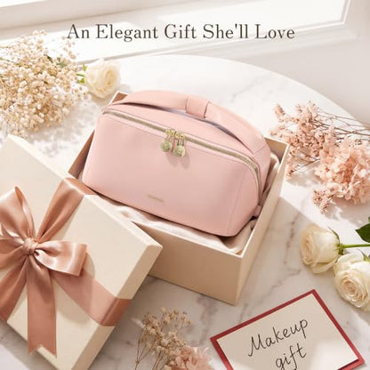SHOWKOO Cosmetic Bag for Women, WideOpen Travel Makeup Bag with Compartment - color: Pink