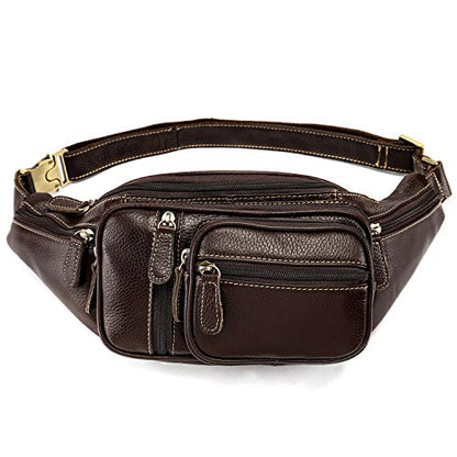 Genuine Leather Fanny Pack large capacity Crossbody Waist Bag with Zipper phone Pockets coffee - color: Coffee