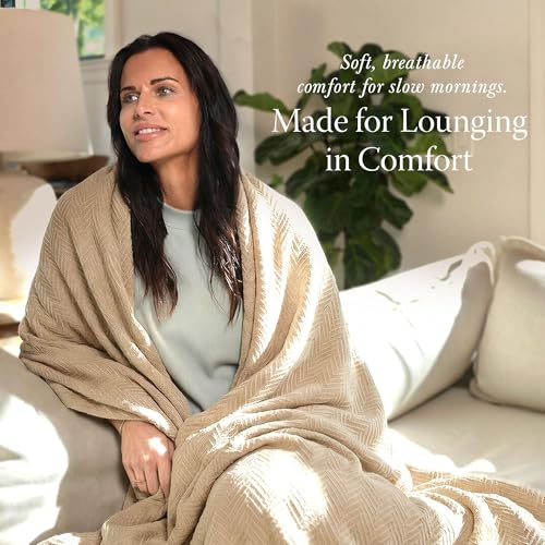 Threadmill Luxury 100% Cotton King Herringbone Blanket, Beige - color: Beige, size: King (106" x 92")