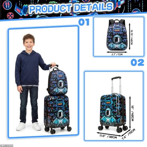 Kids Luggage with Spinner Wheels Set, 3Pcs Kids Astronaut Suitcase Set, Carry on Luggage Hardside Boysand U shaped Pillow, Toddler Rolling Suitcase for Travel, Airline Approved - color: Black E