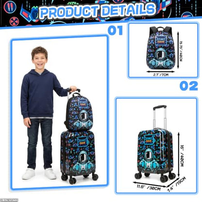 Kids Luggage with Spinner Wheels Set, 3Pcs Kids Astronaut Suitcase Set, Carry on Luggage Hardside Boysand U shaped Pillow, Toddler Rolling Suitcase for Travel, Airline Approved - color: Black E