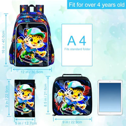 CCJPX 3Pcs Backpack for Boys, 16 Inch Preschool Elementary Kindergarten School Backpacks and Lunch Box - color: Black Leopard