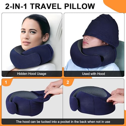 Travel Pillow and Blanket Set for Airplane, Hooded Memory Foam Neck Pillow - color: Navy