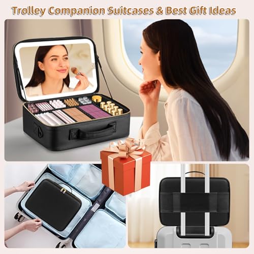 15''X11'' Large Makeup Bag with Removable Lighted Mirror, PU Leather - color: Black-Removable Mirror