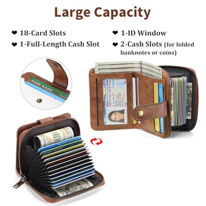 GAEKEAO Small Wallet for Women Leather RFID Blocking Bifold Zipper Pocket Credit Card Holder Card Case Wallets with ID Window - color: White&Brown