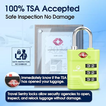 SURE LOCK TSA Approved Luggage Lock – 3-Digit Resettable Combination Padlock with Open Alert Red Dot, Large Easy-Read Dials for Suitcases, Backpacks, Gym & School Lockers - color: Green