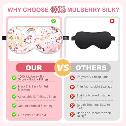 Kids Silk Sleep Mask, 100% Mulberry Silk Eye Mask with Adjustable Strap - color: Pink Horse Style