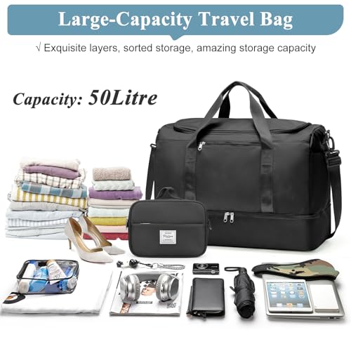 Large Travel Duffle Bag, Carry-On Weekender Bags for Women Travel - color: Black with Toiletry Bag, size: Large