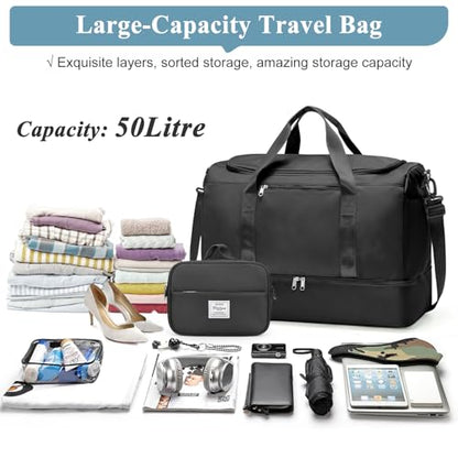 Large Travel Duffle Bag, Carry-On Weekender Bags for Women Travel - color: Black with Toiletry Bag, size: Large