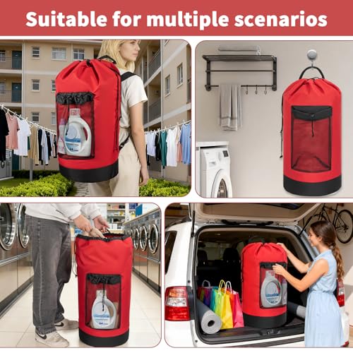 150L Laundry Bag Backpack with 3 Sizes Mesh Wash Bags and Shoulder Straps - color: Bright Red, size: 150L
