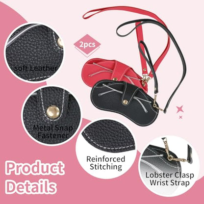 Double Eyeglass Case Soft Dual Glasses Case for Women Men Travel Squeeze Top Sunglasses Cases Eyeglasses Pouch - color: Black+rose Pink Lanyard