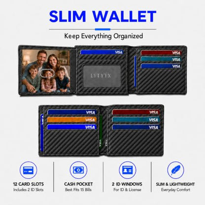 Wallet for Men Slim RFID Blocking Genuine Leather Bifold Mens Wallet - color: Carbon Fiber Black