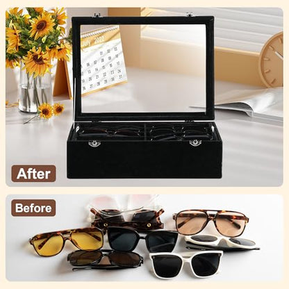 Frebeauty 16-Slot Sunglass Organizer Box,2 Layer Velvet Sunglasses Holder - color: Black