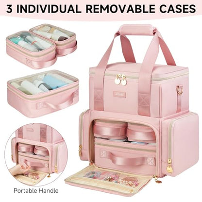 Extra Large Makeup Bag,4 in 1 Cosmetic Storage Organizer Travel Case with 3 Detachable Pouches and Dividers,Pink - color: Pink01