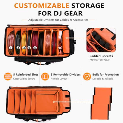 DJ Cable Bag, Large DJ Equipment Bag with Laptop Compartment and Dividers - color: Orange, size: W/No Wheels