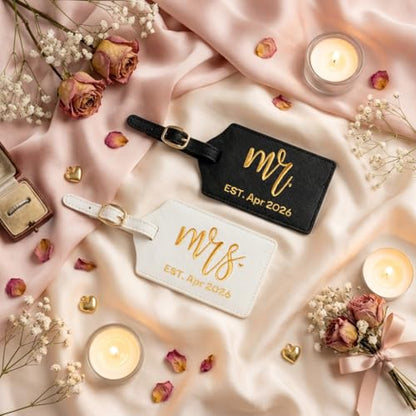 Mr and Mrs Est Luggage Tag, Embroidered Mr Mrs Luggage Tag with Est Date, Honeymoon Suitcase Accessories, Wedding Gift for Couples, Bridal Shower Present (Est. Apr 2026) - style: Est. Apr 2026