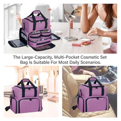 Large Makeup Bag with 3 Removable Case and 2 Removable Dividers,Purple - color: Purple