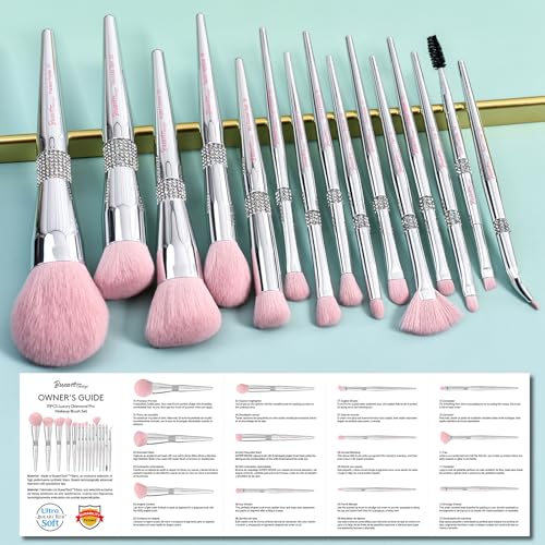 Bueart Design 15Pcs Labeled Makeup Brushes Set with Elegant Pink Holder - color: Silver Pink
