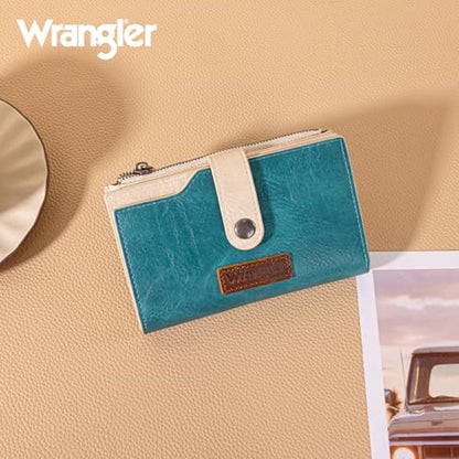 Wrangler Wallet for Women Bifold Card Holder with Zipper and ID Window - color: Tan-Turquoise