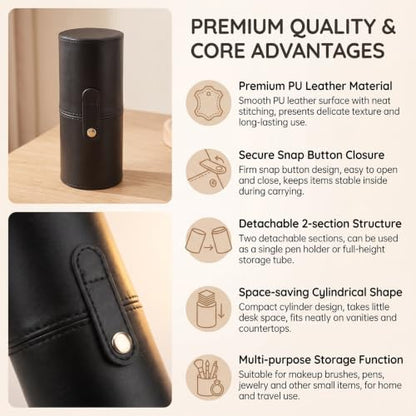 erioctry Black Makeup Brush Case Holder Portable PU Leather Cosmetic Brush Organizer & Storage Roll-up Case for Travel 23 x 8 cm with Snap Closure