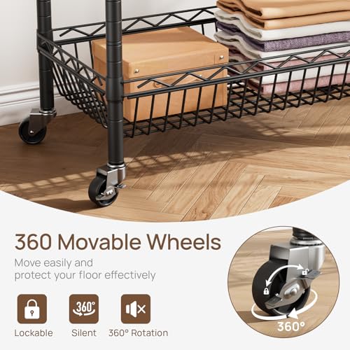 Golpart Heavy Duty Rolling Clothes Rack Wheels Portable Metal Garment Rack - color: Black-F, size: 15.75"D x 23.5"W x 72.45"H