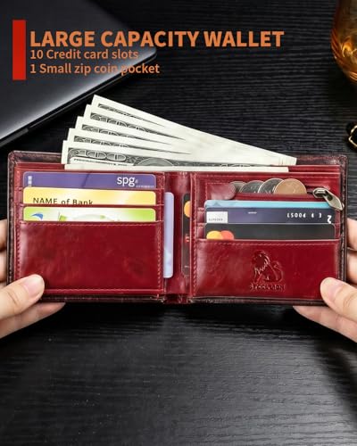 Men's Cowhide Leather RFID Wallet, Slim Bifold (Red) - color: Red