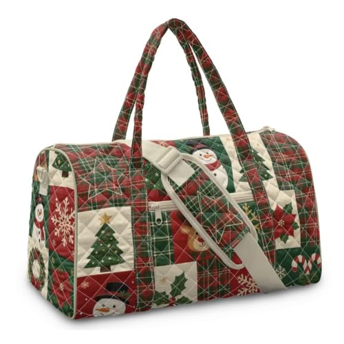 Youngerbaby Patchwork Christmas Quilted Travel Duffle Bag for Women - color: Plaid Snowman Reindeer