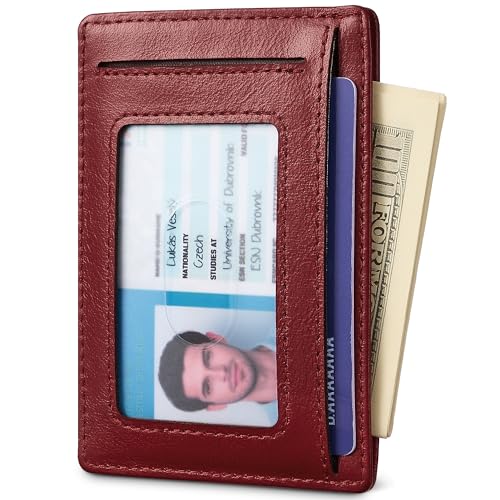 Travelambo 100% Genuine Leather Wallet for Men and Women, Slim Minimalist RFID Blocking Front Pocket Credit Card Holder with Gift Box(Red 963) - color: Red 963