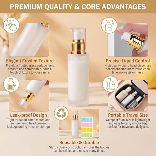 3Pcs 0.7oz Clear Frosted Glass Lotion Pump Bottles with Stickers - size: 20ML/0.7oz