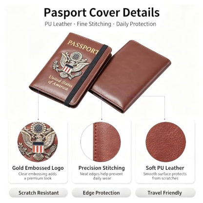 Premium Passport Holder for Travel RFID Blocking Passport Cover Slim - color: Brown