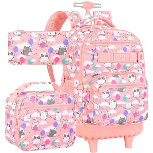 KLFVB Girls Rolling Backpack, 3PCS Womens Roller Bookbag with Lunch Bag for Kids, Wheeled School Bag for Children - Pink Cloud Cat - color: Pink Cloud Cat