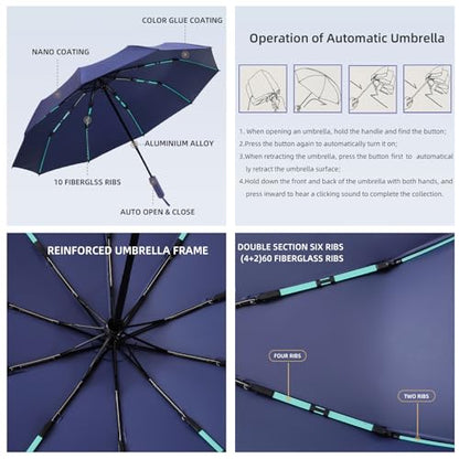 Folding Umbrella Anti-UV Compact Durable Folding Umbrella Auto Open Close Windproof Travel Umbrella Premium Grip Fits Backpack - color: Dark Blue