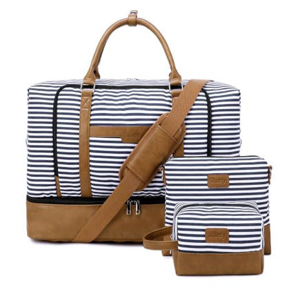 Weekender Bag, Large Travel Duffel Bag for Women, Carry on Overnight Bag with Shoe Compartment and Toiletry Bags - color: B-Blue-White