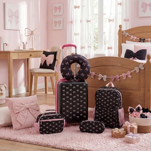 Redbaker 6 Pcs Kids Luggage Set, 17 Inch, Pink and Black Bow | Rolling Suitcase with Backpack Lunch Bag Neck Pillow, Travel Set for Summer Vacation, Sleepover, Back to School Gift - color: Pink and Black