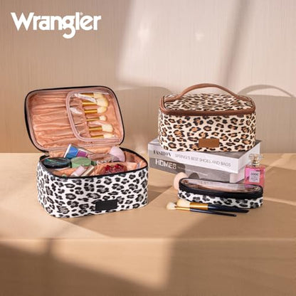 Wrangler Travel Makeup Bag 2pcs Set Cosmetic Bag with Makeup Brush Holder - color: Leopard-Black