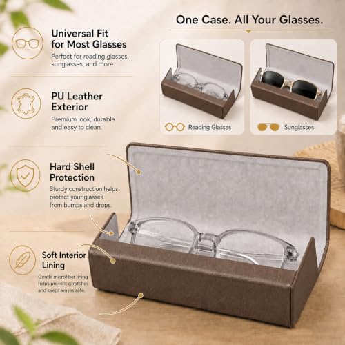 Double Sided Glasses Case Hard Shell,Sunglasses Case & Eyeglass Case with Cleaning Cloth & Storage Pouch - color: Brown