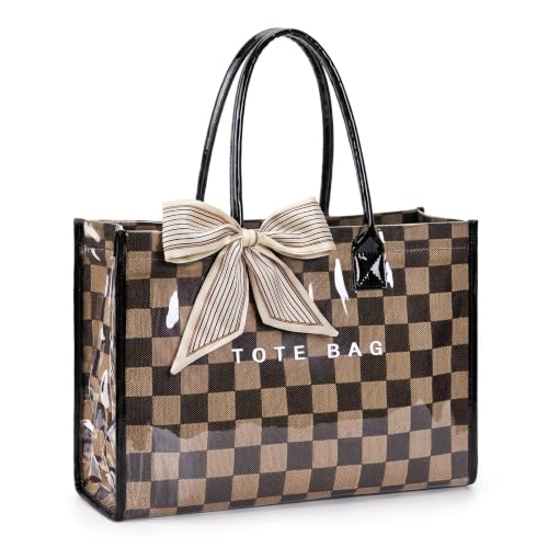 Lushandy PVC Tote Bag Women's Waterproof Jelly Beach Bag Work Hobo Handbag - color: Checkered-black02