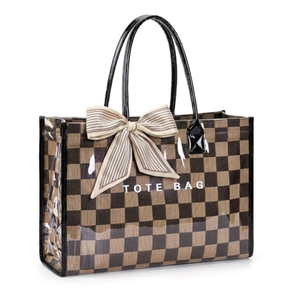 Lushandy PVC Tote Bag Women's Waterproof Jelly Beach Bag Work Hobo Handbag - color: Checkered-black02