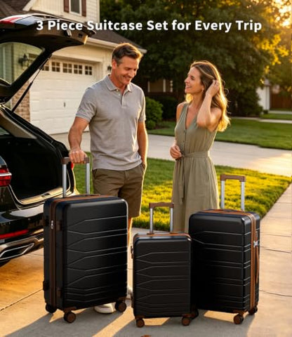 3 Piece Expandable Luggage Set Suitcases with Wheels Hardshell Large Black - color: Black
