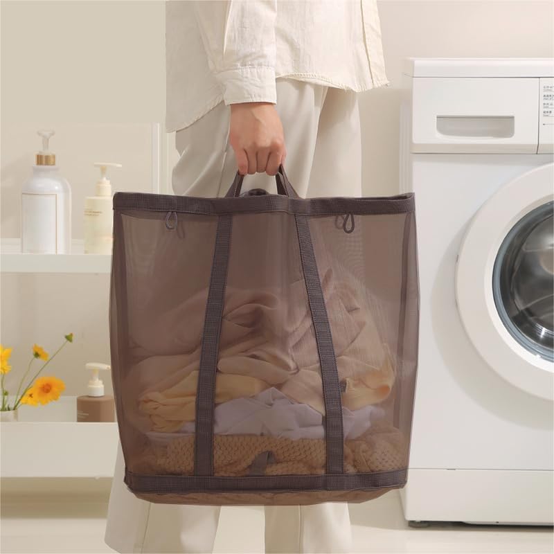 Mesh Bag with Handles, Collapsible Laundry Basket, Foldable Laundry Bag, Breathable Folding Beach Bag,Space-saving Travel Tote Bags (2, Brown) - color: Brown
