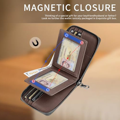 Men’s RFID Blocking Zipper Large Dimensions Wallet with 2 ID Windows - Large Capacity Design, 13 Credit Card Slots - color: Brown