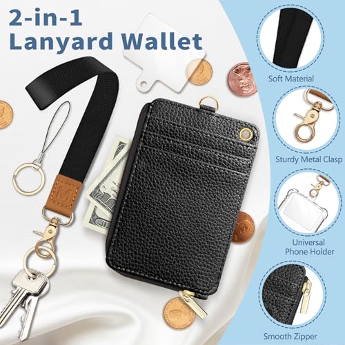 Black Lanyard Wallet with Id Badge Holder Keychain for Card Women - color: Solid-black
