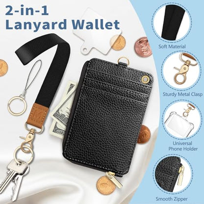 Black Lanyard Wallet with Id Badge Holder Keychain for Card Women - color: Solid-black
