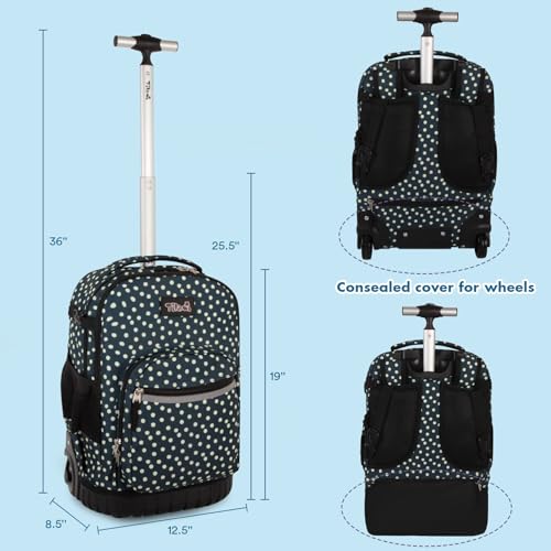 Tilami Rolling Backpack for Kids 19 inch with Lunch Bag Wheeled Laptop Backpack,Green dots - color: Green Dots