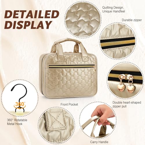 Travel Toiletry Bag with Hook Water-Resistant Makeup Cosmetic Bag - color: Champagne, size: Medium