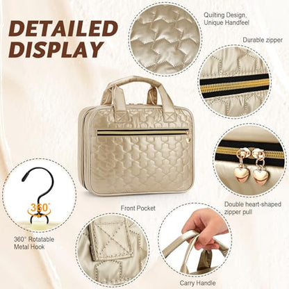 Travel Toiletry Bag with Hook Water-Resistant Makeup Cosmetic Bag - color: Champagne, size: Medium