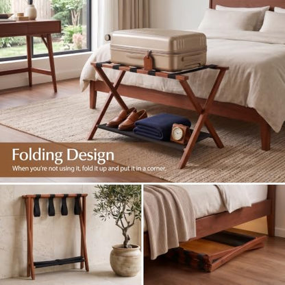 Luggage Rack, Fully Assembled Bamboo Foldable Suitcase Stand for Guest Room, 26.7-Inch Luggage Holder with Storage Shelf & 5 Nylon Straps, for Bedroom and Hote (1 Pack - Brown) - color: 1 Pack - Brown