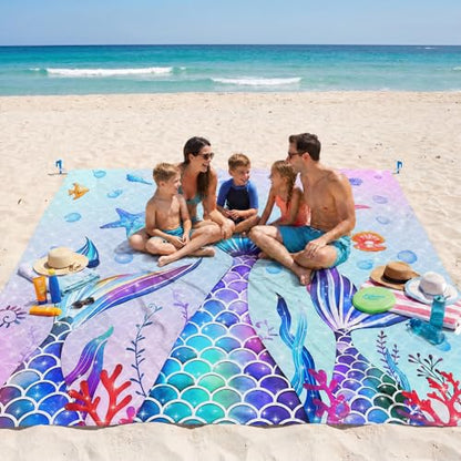 Mermaid Beach Blanket, Large 79" x 83" Sandproof Water-Resistant Beach Mat - color: Mermaid
